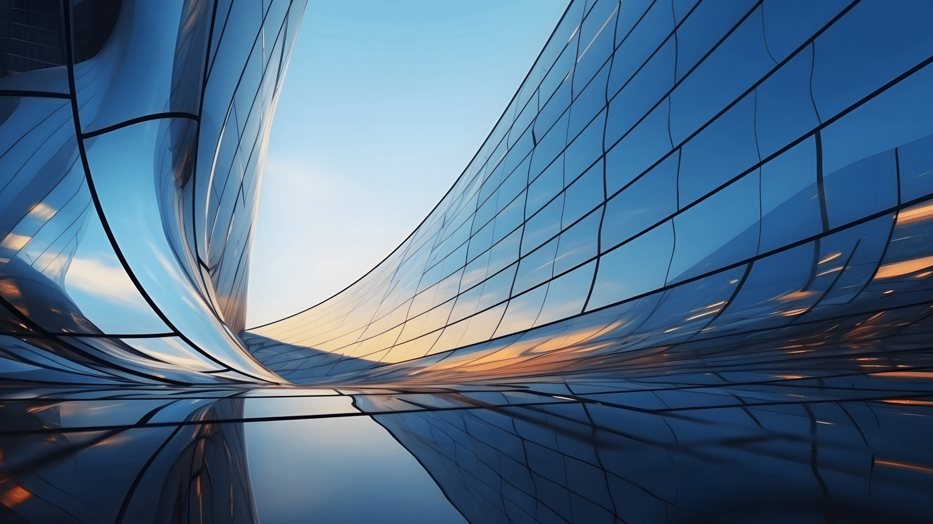 Blick auf eine moderne Architektur mit geschwungenen, reflektierenden Glasflächen und einem klaren Himmel im Hintergrund.