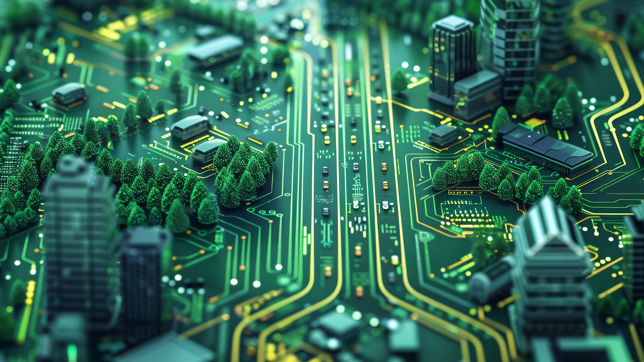 Detailansicht einer digitalen Stadtlandschaft mit Straßen und Gebäuden auf einer Leiterplatte.