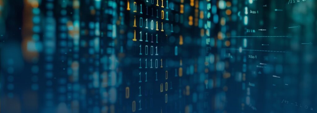 Digitale Datenvisualisierung mit Binärcode in verschiedenen Farben auf einem dunklen Hintergrund.