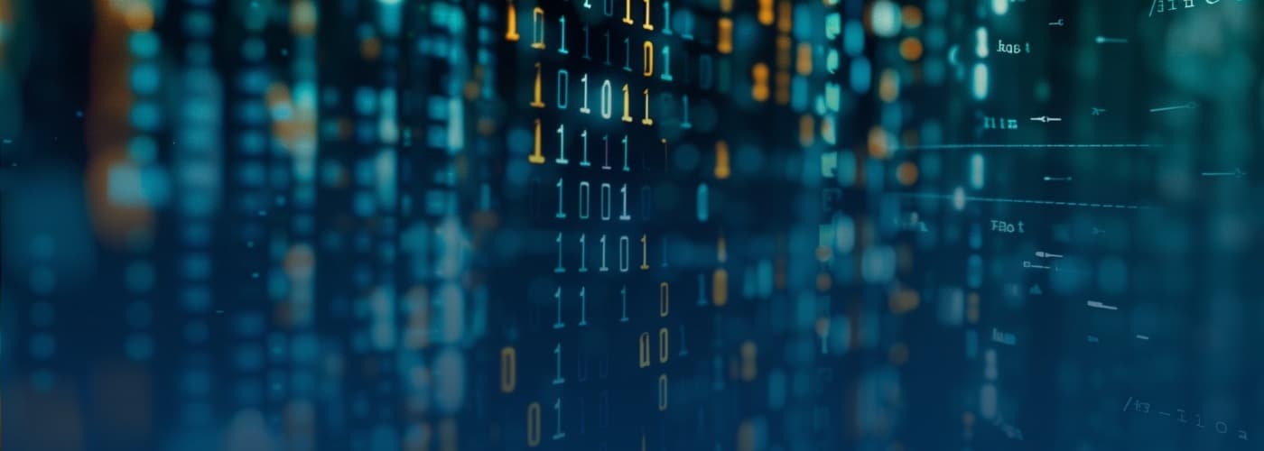 Digitale Datenvisualisierung mit Binärcode in verschiedenen Farben auf einem dunklen Hintergrund.
