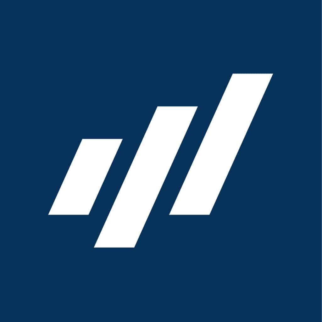 Logo von AHW in Navy und Weiß mit drei diagonalen Linien.