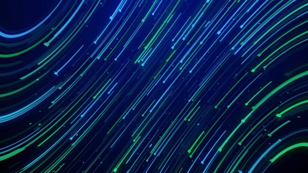 Abstrakte digitale Linien in Blau und Grün, die sich diagonal über den Hintergrund ziehen.