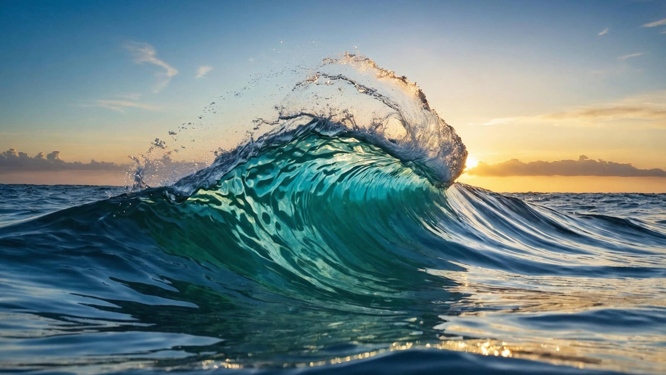Eine große Welle im Ozean, die bei Sonnenuntergang aufbricht und spritzt.