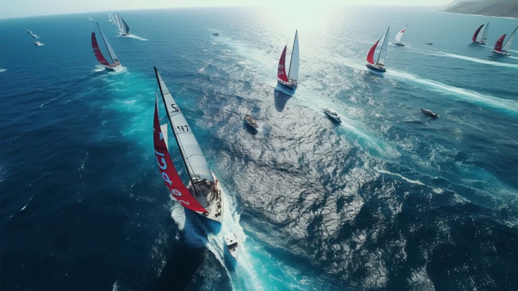 Mehrere Segelboote mit roten Segeln, die an einem sonnigen Tag auf dem Wasser segeln.