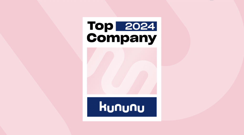 Auszeichnung für Top Company 2024 von Kununu mit einem minimalistischen Design auf rosa Hintergrund.