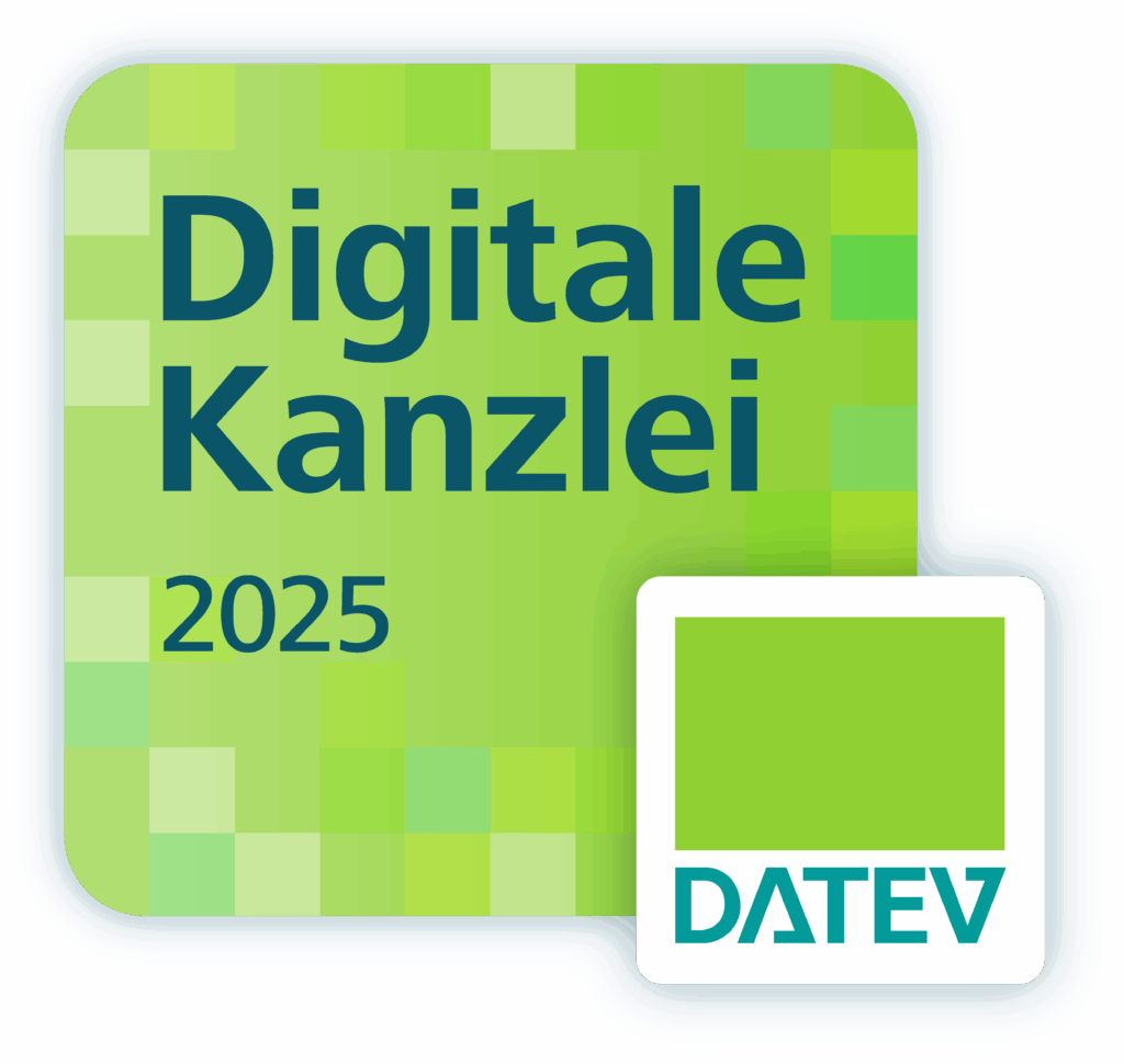 Logo von DATEV für die Digitale Kanzlei 2025 mit grünem Hintergrund und quadratischem Design.