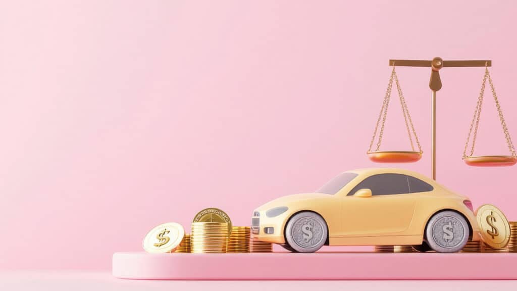 Gelbes Spielzeugauto auf einer Plattform mit Münzen und einer Justizwaage im Hintergrund.